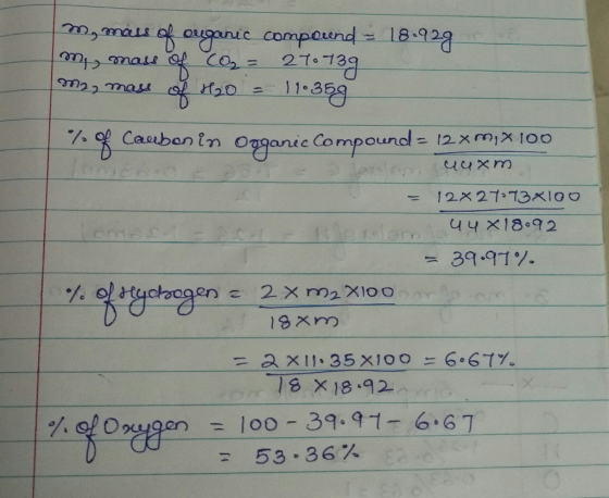 18-92, %및 Caubon in Ooganic Compound= l2.xm】지00 18:92 39 .91 % = ax 11-35x100 = 6。6イヅ。 18 × 18.92 100-39.91-6.67 53-36%