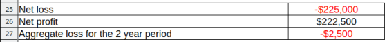 25 Net loss 26 Net profit 27 Aggregate loss for the 2 year period -$225,000 $222,500 -$2,500