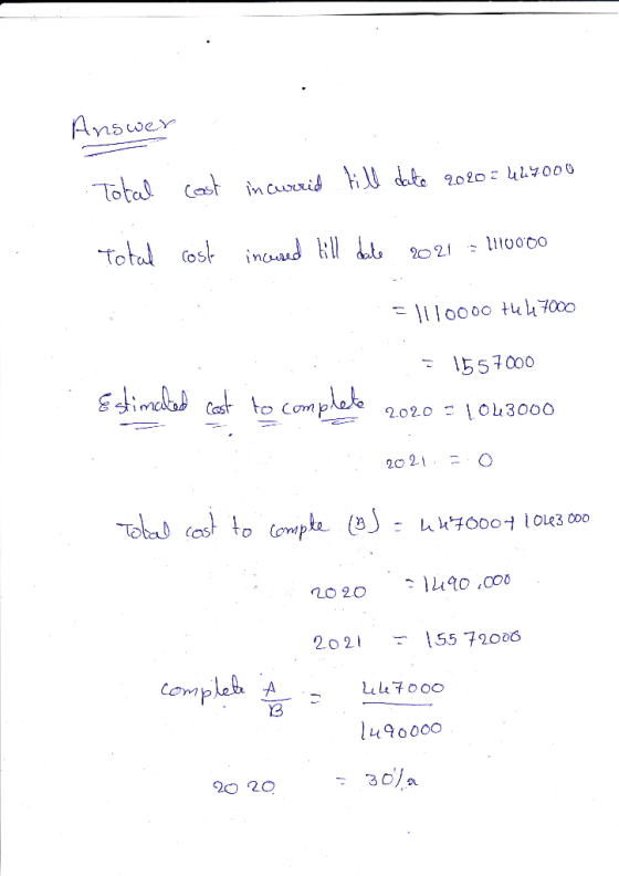 Answer Total cost incurrid till date 2020 = 447.000 Total cost incurred till date 2021 - 110000 = 1110000 the 447000 = 155700