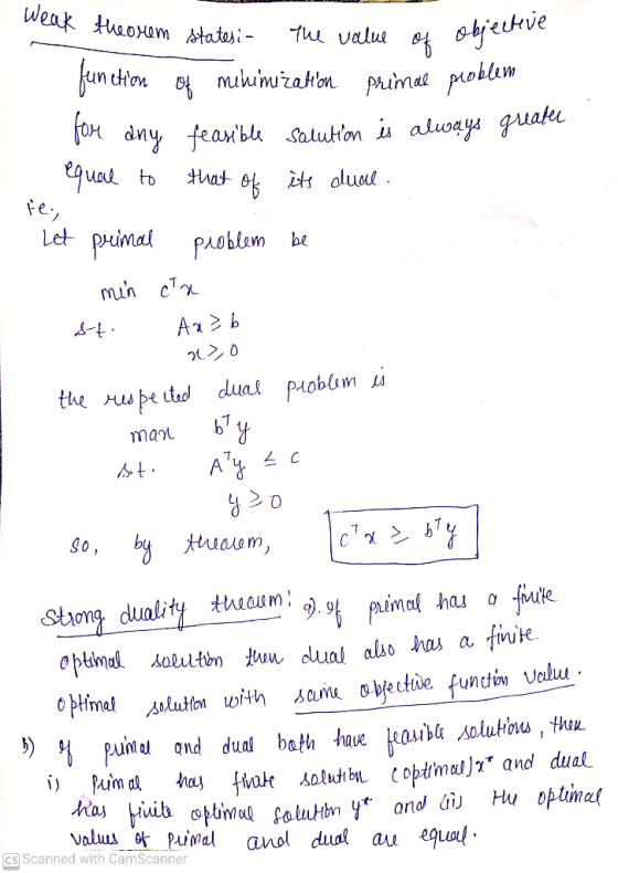 Weak theorem states:- The value for any feasible solution is always greater function of objective of mihimization primae prob