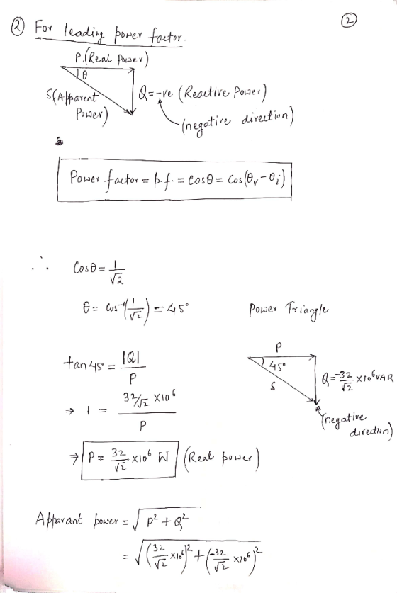 ® For leading power factor. P.(Real Power) To Sfabparent 10--ve (Reactive power) negative direet ion) Power) w Power factor =