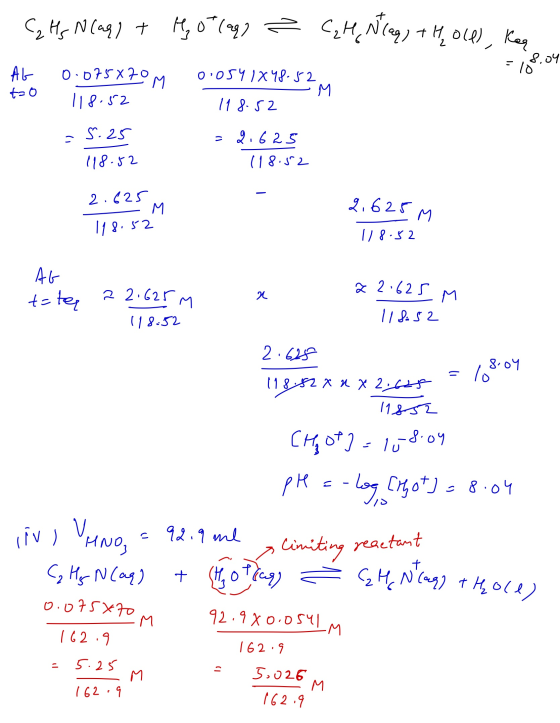 C₂ Hs N(aq) + Holla) 2 C₂H Nlaq, th, ole), ker 8,04 - AG 0.054 1X48.52 0.075x70 OM 118.52 118.52 5.25 . = 2.625 118.52 (18.52