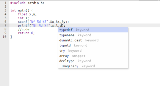 float x,y; 8 1 #include <stdio.h> 2 3- int main() { 4 5 int i; 6 scanf(%f %d %f,&x,&i,&y); 7 printf(%f %d %f,x, i,y; //co