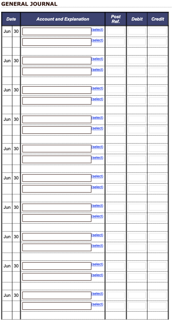 GENERAL JOURNAL Date Account and Explanation Post Ref. Debit Credit Jun 30 (select) (select) Jun 30 (select) (select) Jun 30