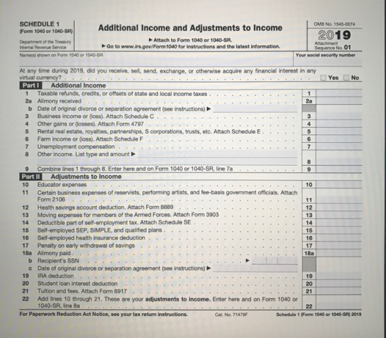 OMB No. 1545-0074 SCHEDULE 1 (Form 1040 or 1040-SR) Additional Income and Adjustments to Income Department of the Treasury At