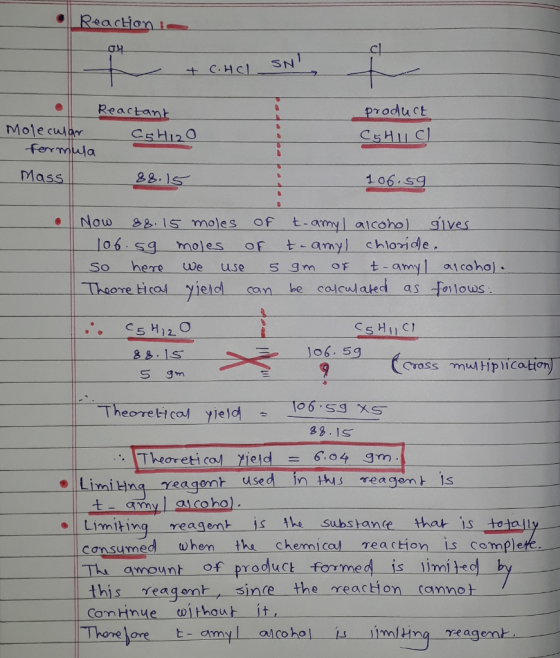 | Reaction in - + C.HCI SNT - product C5huc - Reactant Molecular C54120 Formula Mass 88.15 - 106.59 Now 88. 15 moles of t-amy