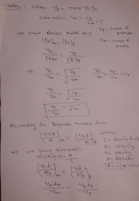 Solution : rillen we = rox 103 fels scale ralio - hor = Lps imas up= Length of we know froude model law Prototype malershof m