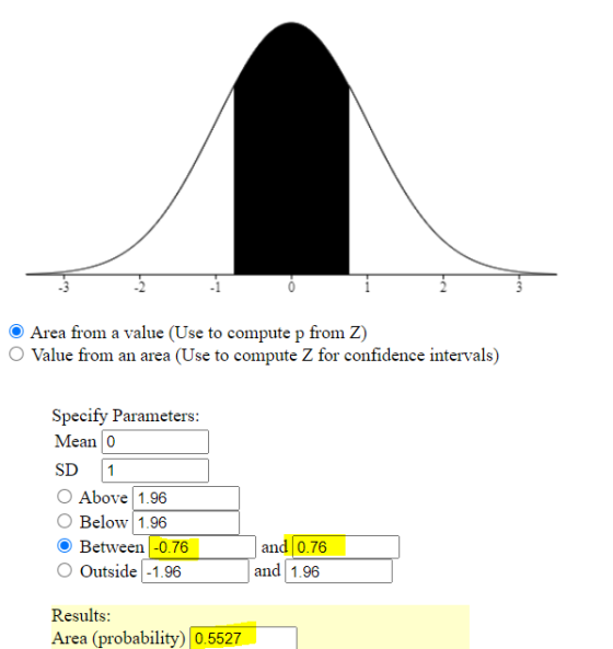 Area from a value (Use to compute p from Z) Value from an area (Use to compute Z for confidence intervals) Specify Parameters