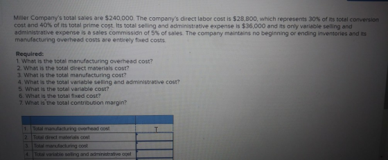 Miller Companys total sales are $240,000. The companys direct labor cost is $28,800, which represents 30% of its total conversion cost and 40% of its total prime cost. Its total selling and administrative expense is $36,000 and its only variable selling and administrative expense is a sales commission of 5% of sales. The company maintains no beginning or ending inventories and its manufacturing overhead costs are entirely fixed costs. Required 1. What is the total manufacturing overhead cost? 2. What is the total direct materials cost? 3. What is the total manufacturing cost? 4. What is the total variable selling and administrative cost? 5. What is the total variable cost? 6. What is the total fixed cost? 7. What is the total contribution margin? 1. Total manufacturing overhead cost 2. Total direct materials cost 3. Total manufacturing cost 4 Total variable selling and administrative cost