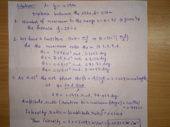 Solution\ λ= S- 0.19m D tance between the名lits,d-510m the fomula 4=29.26 ,the maxinnum order then าg 1,2, 3,4 02 7.35 Xo od