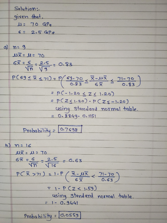 Solution: given that M = 70 GPa 6= 2.5 Gra nog eix: : 70 são 20 = 0.83 PC69<< <71) = P( 69-70_-u < 71-70) 0.83 - 63 : 0.83 =
