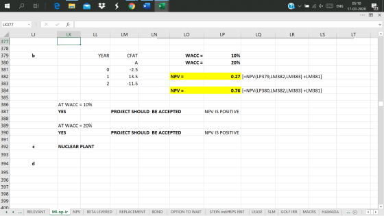 i v a W ax 2 05:10 ENG | 17-03-2020 E2 ... o X LK377 X fc U L K M LN_ LO LP LO LR LS LT A 377 378 379 YEAR CFAT WACC = 10% 20