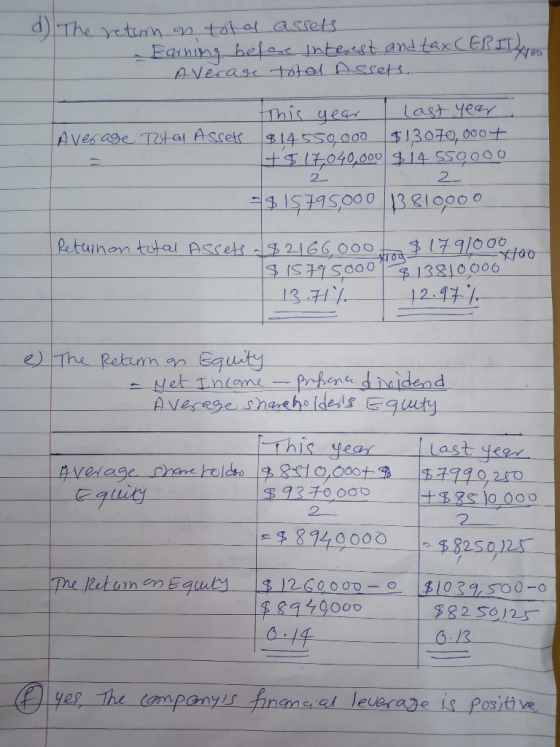 d) The retum as tot al assets Earning before interest and tax CERITA Average total Assets I Average Tutal Asset this year las