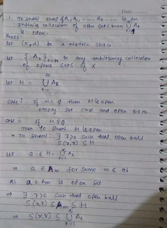 A Date..... 1. To show that A, A2, -, Ak is an Infinite collection of open sets, then & A4 K4 Is open Proof cet (xad) be a Me