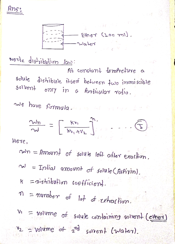 - Ether (loc moi). -water Neitz distribution low: At constant te rohelure a Solute dishibuze itself between two immiscible so