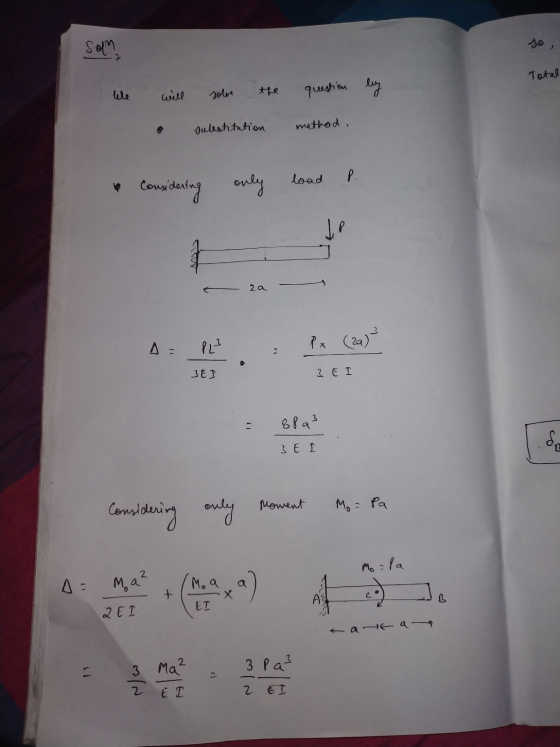 Son Total will solve the question by sulestitation method, load P. considering only JP 2a A PL² BEI 3 EI 8fa² & 3 E Mo = pa C