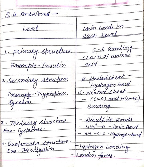Q.U Answered - Level _ Main bonds in each_hevel - tyrosin. to primary structure s-s Bonding Chain of amino Enemple-Insulin au