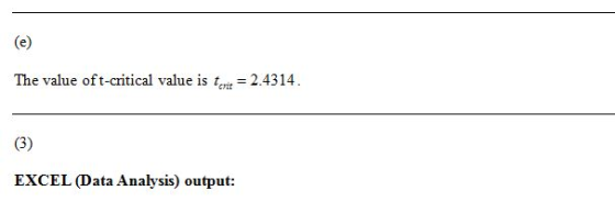 The value of t-critical value is teri = 2.4314. EXCEL (Data Analysis) output: