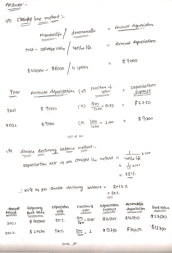 Answer- (a) straight line methods - Annucu depreciation Numerator denominator - Annual depreciation cost salvage value / use