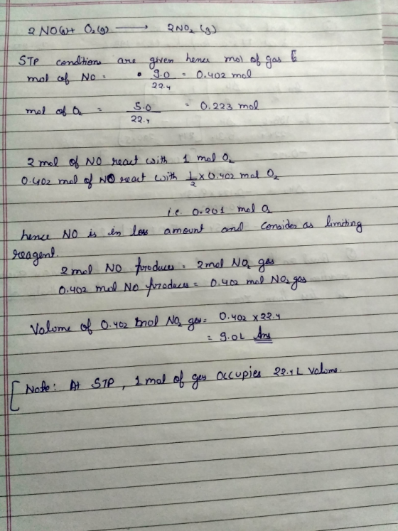 NOGH Ol9 mal agas hemes STP Cenditiens are 0.402 mal mol af No 22.4 O.223 mol S.O 22 Y mol 0 2 mol of N0 react csith O.402 me