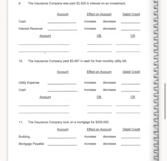 9. The Insurance Company was paid $2,500 in interest on an investment. Account Debit/Credit Effect on Account increase decrea