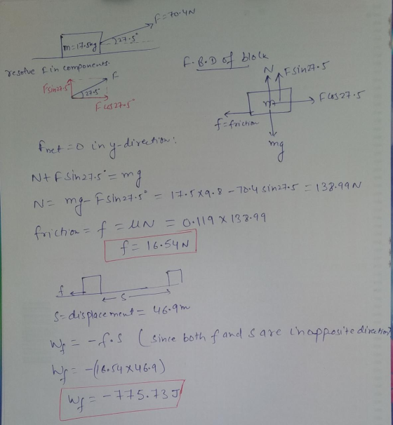 F = 70 UN m=17-sky & 127.5 f. BD of blokk resolve fin components. a Esin 27.5 Flos 27.5 F4327.50 iction mg facto iny-directio