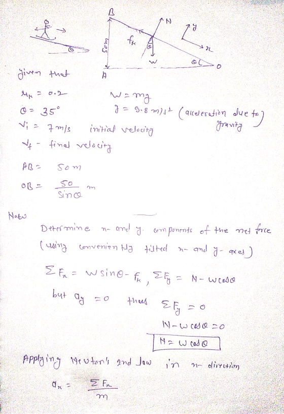 A N 1 ng fix tuas CO given that A = 02 wamy © = 35° g= 9.8 m/s (aceleration due to 7 m/s initial velocita af final velocity
