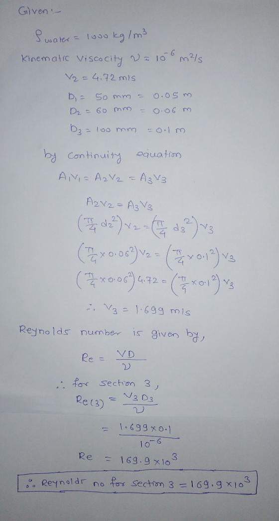 Given :- I water = 1000 kg/m3 Kinematic Viscocity 2-106 m²/s V2 = 4.72 mis D = 50 mm = 0.05 m D2 = 60 mm = 0.06 m bz= 100 mm