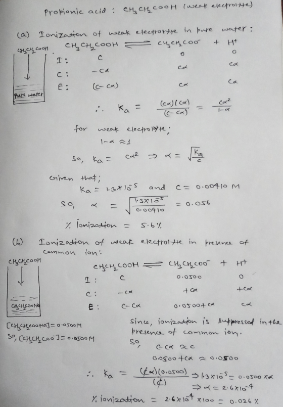 propionic acid : CH₂ Ch cooH (weak electroitte) (a) Ionization of weak electrocyte in pure water : нең сәon cң ең, соон e cң,