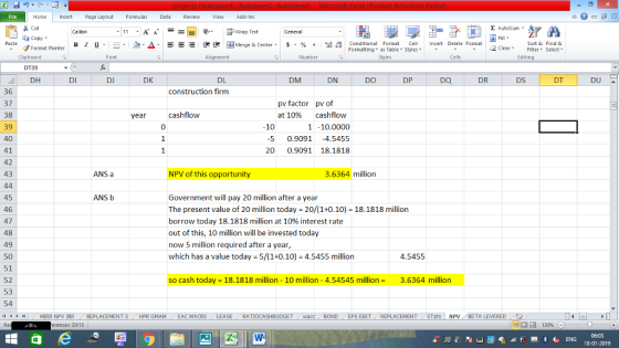 Home nert Page Layout Formulas Data Review View dd-Ins s Cut ta copy ▼ Σ AutoSum Wrap Text в 1 프· ー· 鱼, Δ. : rーー 逻锂函Merge & Center. $, % , 弼,8 Conditional Format eCell Insert Delete Formsat Sort &Find & 2 ClearFe Select Edting Format Painter Formatting, as Table w styles. ▼ ㆆ ▼ Clipboard Alignment Number Cells DT39 DH DI DJ DK DL DM DN DO DP DR DS DT DU construction firm 36 37 38 39 40 pv factor pv of at 10% cashflow cashflow 0 year 10 1 -10.0000 5 0.9091 -4.5455 20 0.9091 18.1818 42 43 ANS a NPV of this opportunity 3.6364 million 45 46 47 48 49 50 51 52 53 54 (4 トト ANS b Government will pay 20 million after a year The present value of 20 million today 20/(1+0.10) 18.1818 million borrow today 18.1818 million at 10% interest rate out of this, 10 million will be invested today now 5 million required after a year, which has a value today 5/(1+0.10) 4.5455 million 4.5455 so cash today 18.1818 million - 10 million -4.54545 million 3.6364 million MIRR NPV İRR REPLACEMENT S HPR GMAM EAC MACRS LEASE- , RATIOCASHBUDGET / wacc , BOND EPS EBIT REPLACEMENT STats | NPV . BETA LEVERED 9う - - rences: DX15 130% 18-01-2019