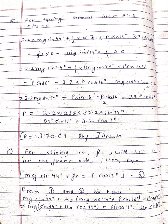 moment about AO 6. for tipping EMA = 0. زهور منیم 2-21 mysin.44** £X.NZ XPSin/19 – 3:3x pcoli + 4 x 6 - 8 cao) x sin 42° +1 x