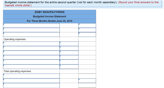 Budgeted income statement for the entire second quarter (not for each month separately). (Round your final answers to the nea