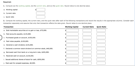 Required: 1. Compute (a) the working capital, (b) the current ratio, and (c) the quick ratio. Round ratios to one decimal pla