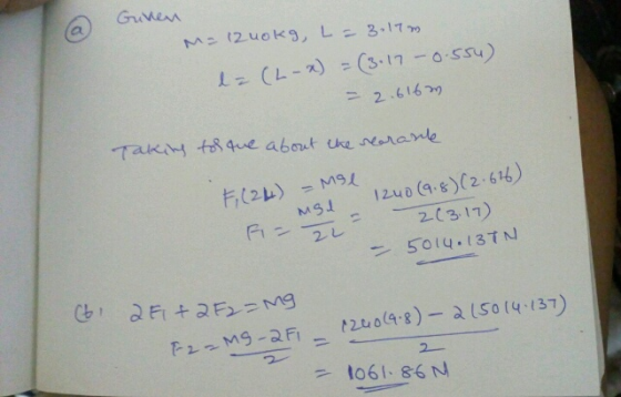 Guven M = 12uokg, L = 3.17m ez (2-x) = (3.17 - 0.554) = 2.616m Taking to the about the searank 1200 (9.8) (2.616) F(24) - Me