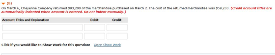 (b) On March 6, Cheyenne Company returned $93,200 of the merchandise purchased on March 2. The cost of the returned merchandi