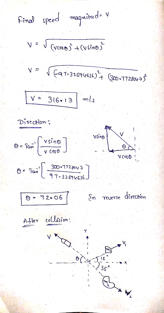 v final speed magnitud v (versos +(usinoj Vs fa7-32694636) + 300.77280 28047) va 316.13 mils Direction : vsing vsino o=font