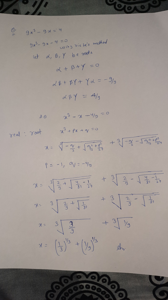 et L, B, Y be roots cao 0 9x3 - 91=4 9x39x-4=0 using vietes method & + ßty=0 XB+BY+Y2=-9/9 LBY Alg x² - x -4 = 0 x² + px + q