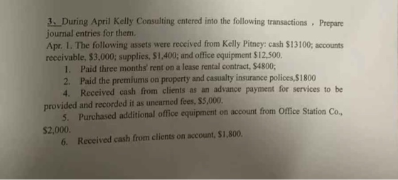 3. During April Kelly Consulting entered into the following transactions, Prepare journal entries for them. Apr. 1. The follo