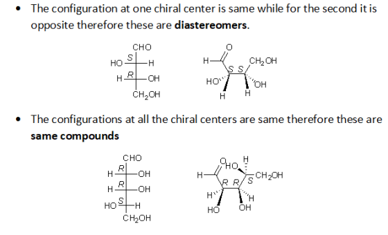 The configuration at one chiral center is same while for the second it is opposite therefore these are diastereomers. CHO HOS