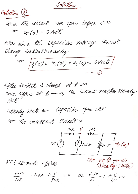 solution solution ③ smce the circuit was open befose to TV (0) - Ovolt Alao since the capacitor volt age cannot Change in lon