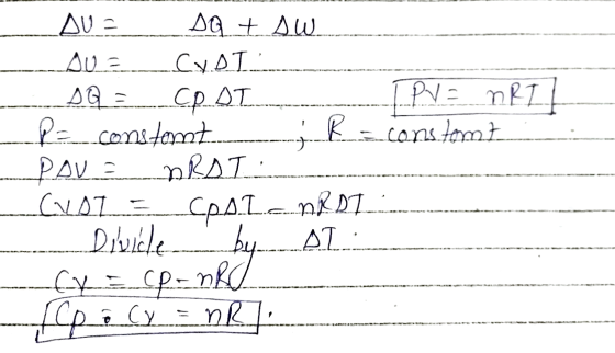 AU = so + AW AU = CLOT -DG - CpOT TPV = nRTI P = constant R = constant POV = BROT. 21 - CPAL = DT - Divide by AL (y = cp-nRO