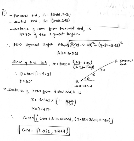 (8) Proximal end, A3 (5.99,7.80) Distal end BE (2.09,3:15) - Distance 43.7% q com from proximal end is the segment length. q