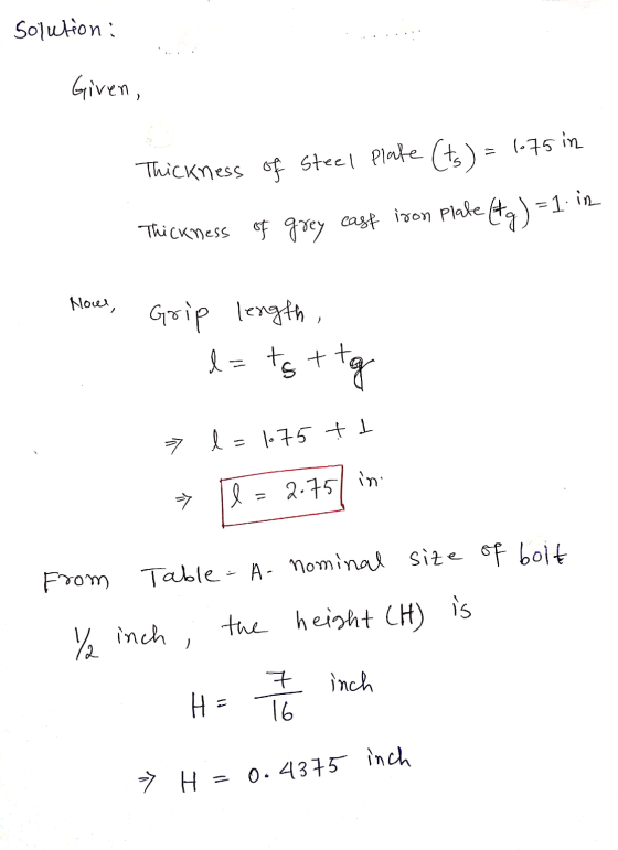 solution: Given, (ts) = 1.75 in Thickness of Steel Plate Thickness of grey cast ison Plate (g) = 1. in Nows, Grip length, d=t