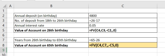 Annual deposit (on birthday) No. of deposit from 18th to 26th birthday Annual interest rate Value of Account on 26th birthday