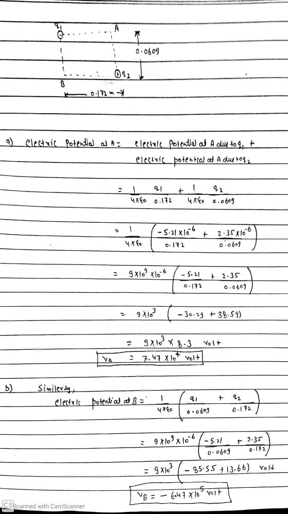 boyut 0.0609 - 012 a) electric Potential at A= electric potential at A due to q, t electric potential at A due tog - 4060 0.1