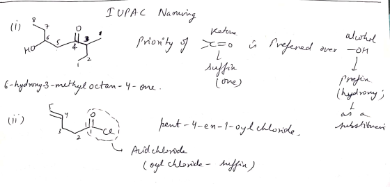 I UPAC Nanung priority of Ketine x=0 i refered over alwhol on HO suffin i one) 6- hydrony-3-methyl octan-4- One. Prefin (hydr