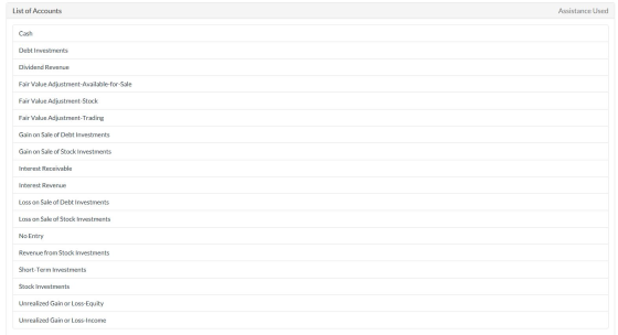 List of Accounts Assistance Used Cash Debt Investments Dividend Revenue Fair Value Adjustment-Available-for-Sale Fair Value A