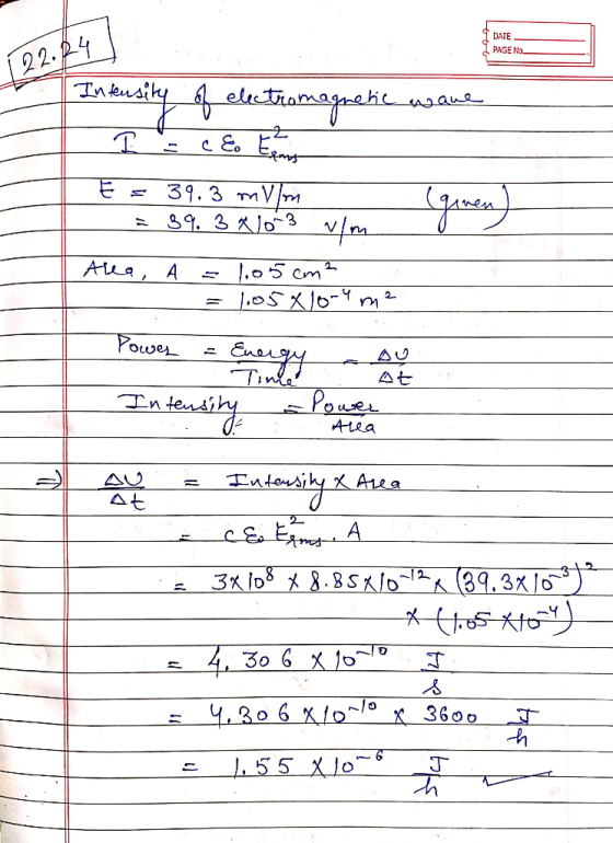 T DATE PAGE No Intensity of electromagnetic wave I = c E Exams E = 39.3 mV/m er 31,3 milline on Vim (genen) 39. 3 *10-3 . All