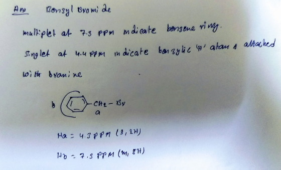 Ano Benzyl Bromide multiplet at 7.3 ppm indicate benzene ring. Singlet at u.uppm indicate benzylic 4 atan a attached with bra