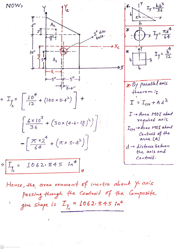 NOW, Iy = 36 -h6² chi t 6 21 Az b Y * 4 Td 2 dia. 10 Iy = 24 hole. .Xc TY Iy A, b K5-*-5 0.4 By parallelaxis + → Iva Iy